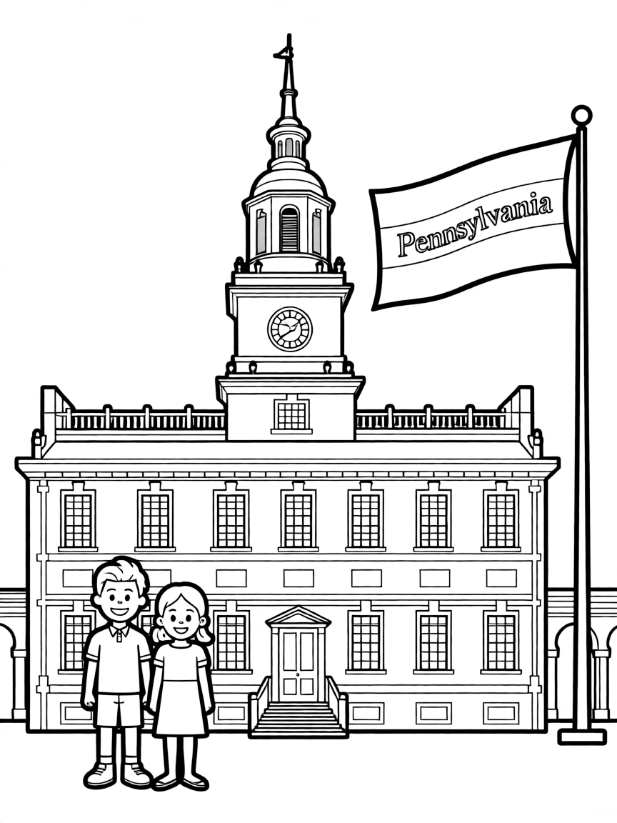 (Pennsylvania) Independence Hall with the U.S. (Pennsylvania) flag
