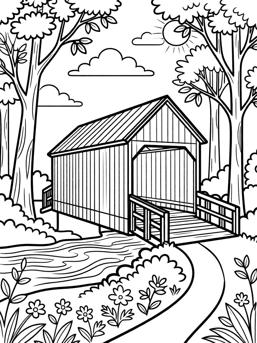 (Vermont) A red covered bridge in a Vermont forest