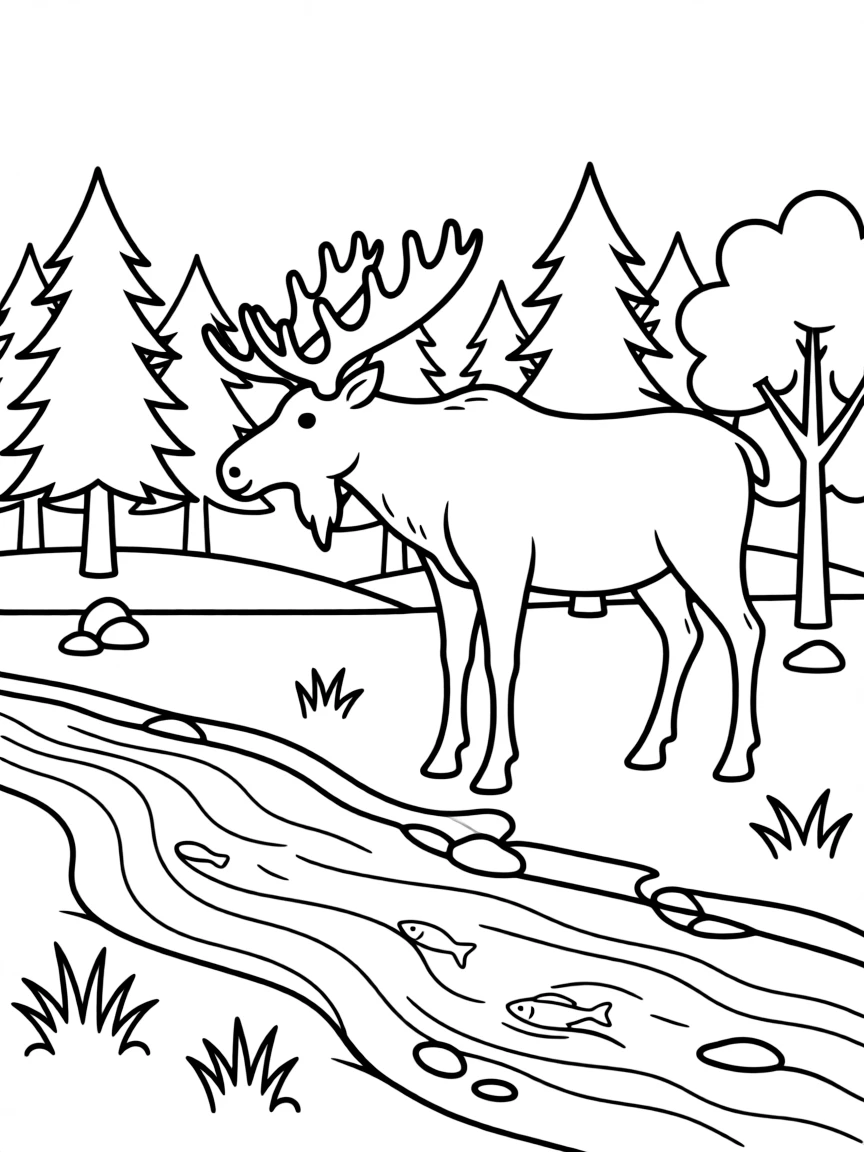 (Vermont) A moose standing by a forest stream