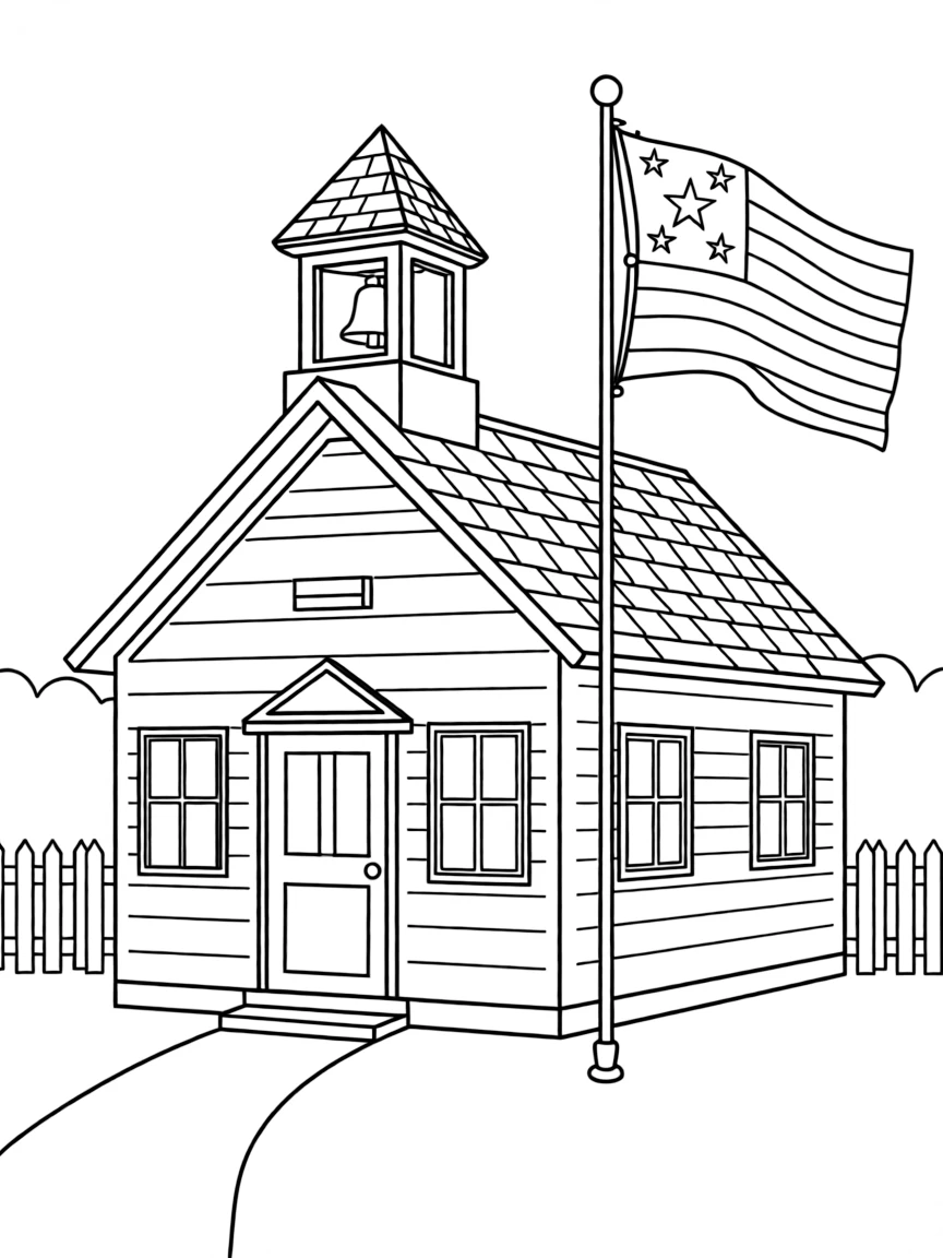 (Vermont) A schoolhouse with a bell tower and flag