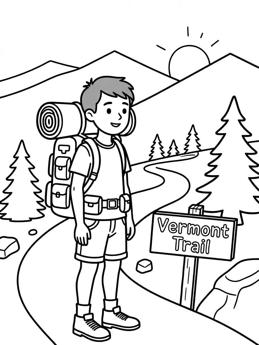 (Vermont) A hiker with a backpack on a mountain trail