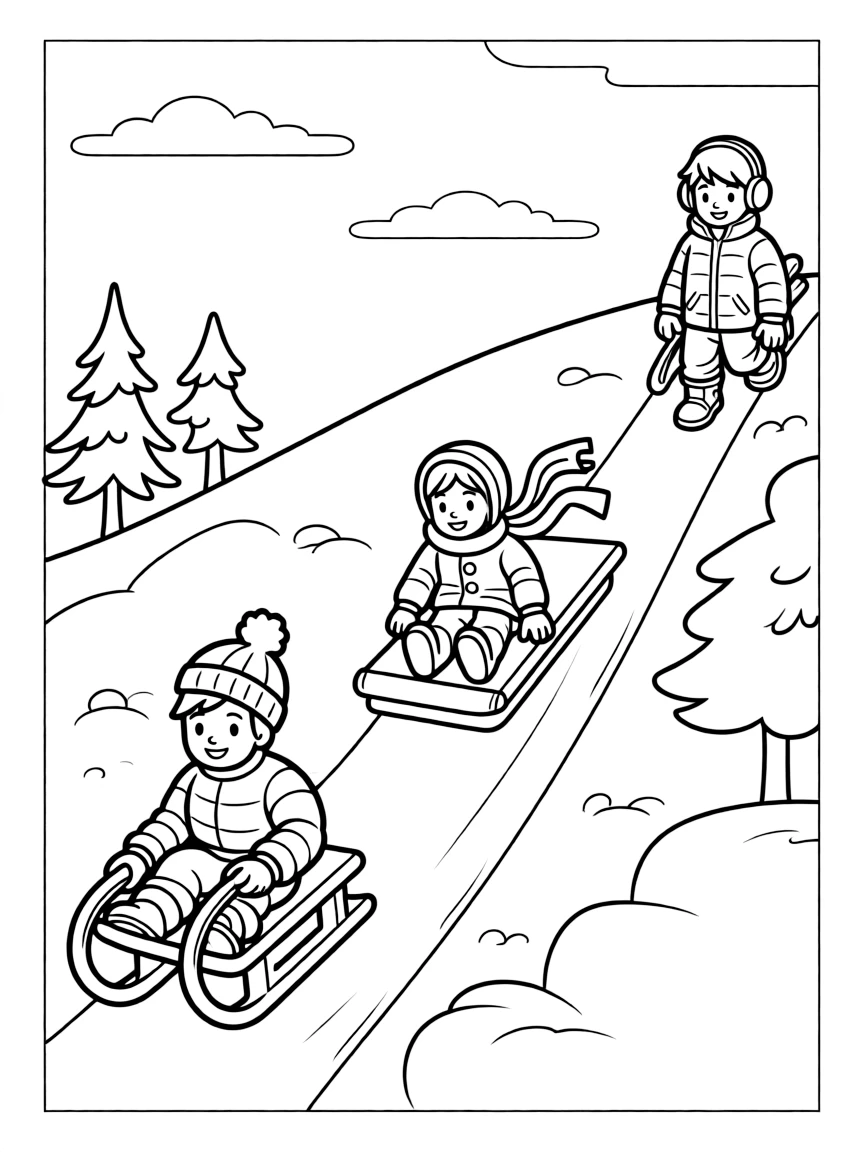 (Vermont) A snowy hill with kids sledding