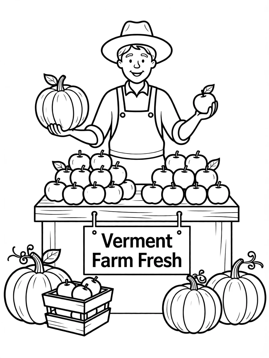 (Vermont) A farmer’s market stand with apples and pumpkins
