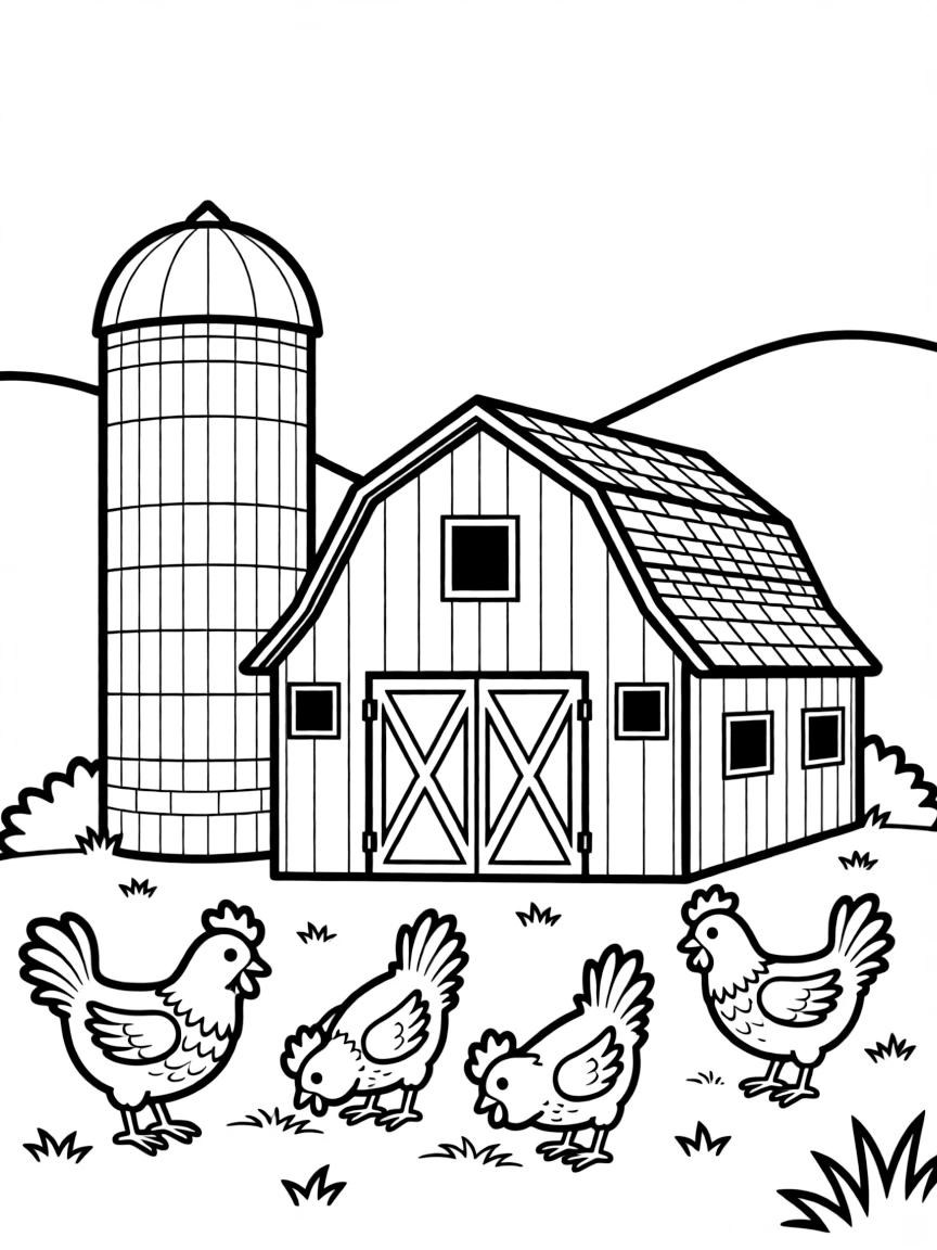 (Vermont) A Vermont farm with silo and chickens