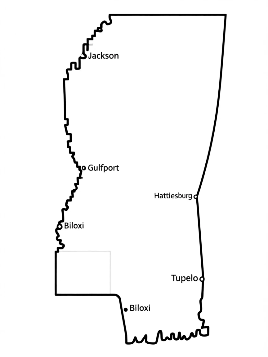(Mississippi) State of Mississippi map outline with major cities marked