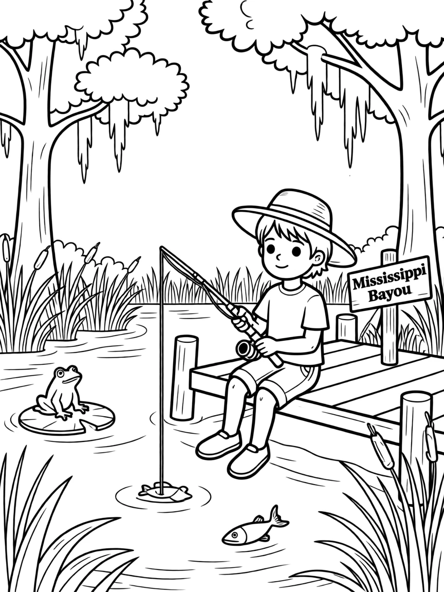 (Mississippi) A child fishing in a Mississippi bayou