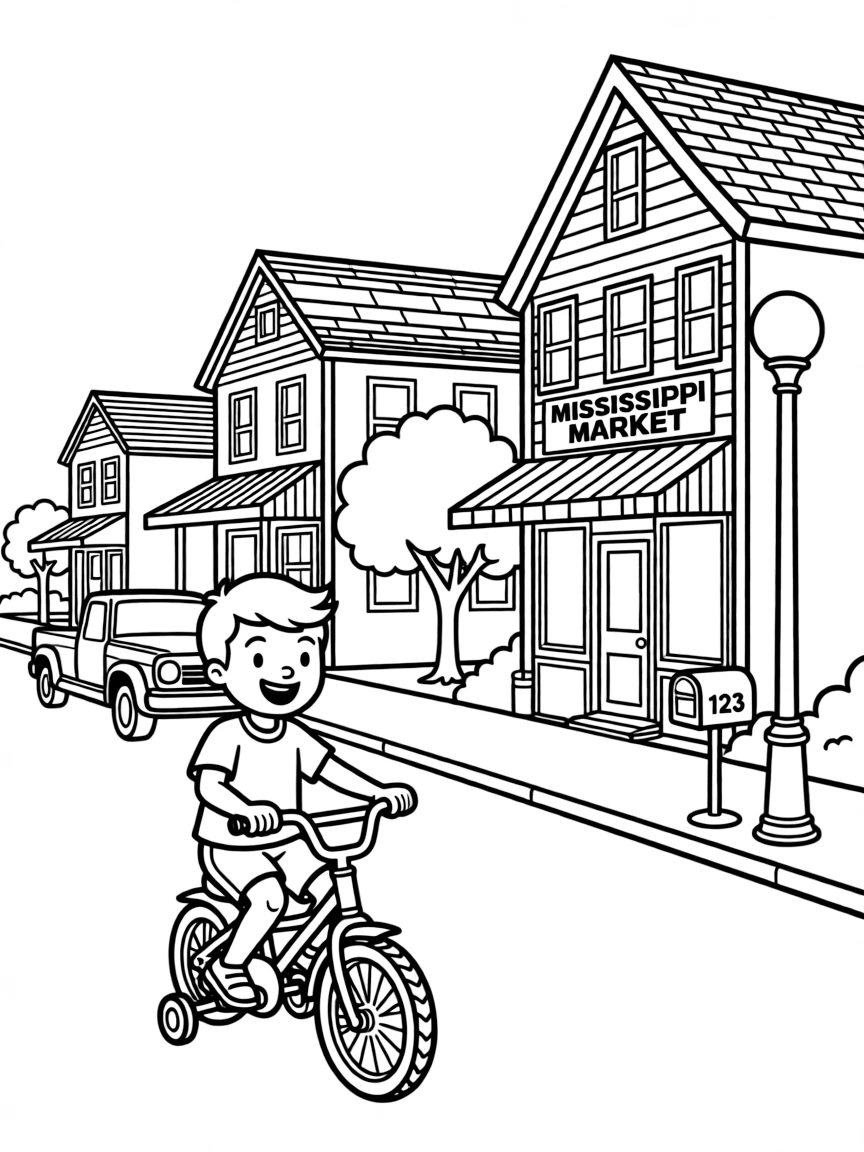 (Mississippi) A child riding a bike through a small Mississippi town