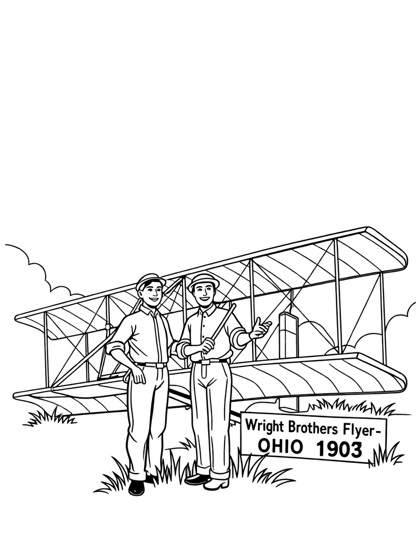 (Ohio) Orville and Wilbur Wright with their flying machine