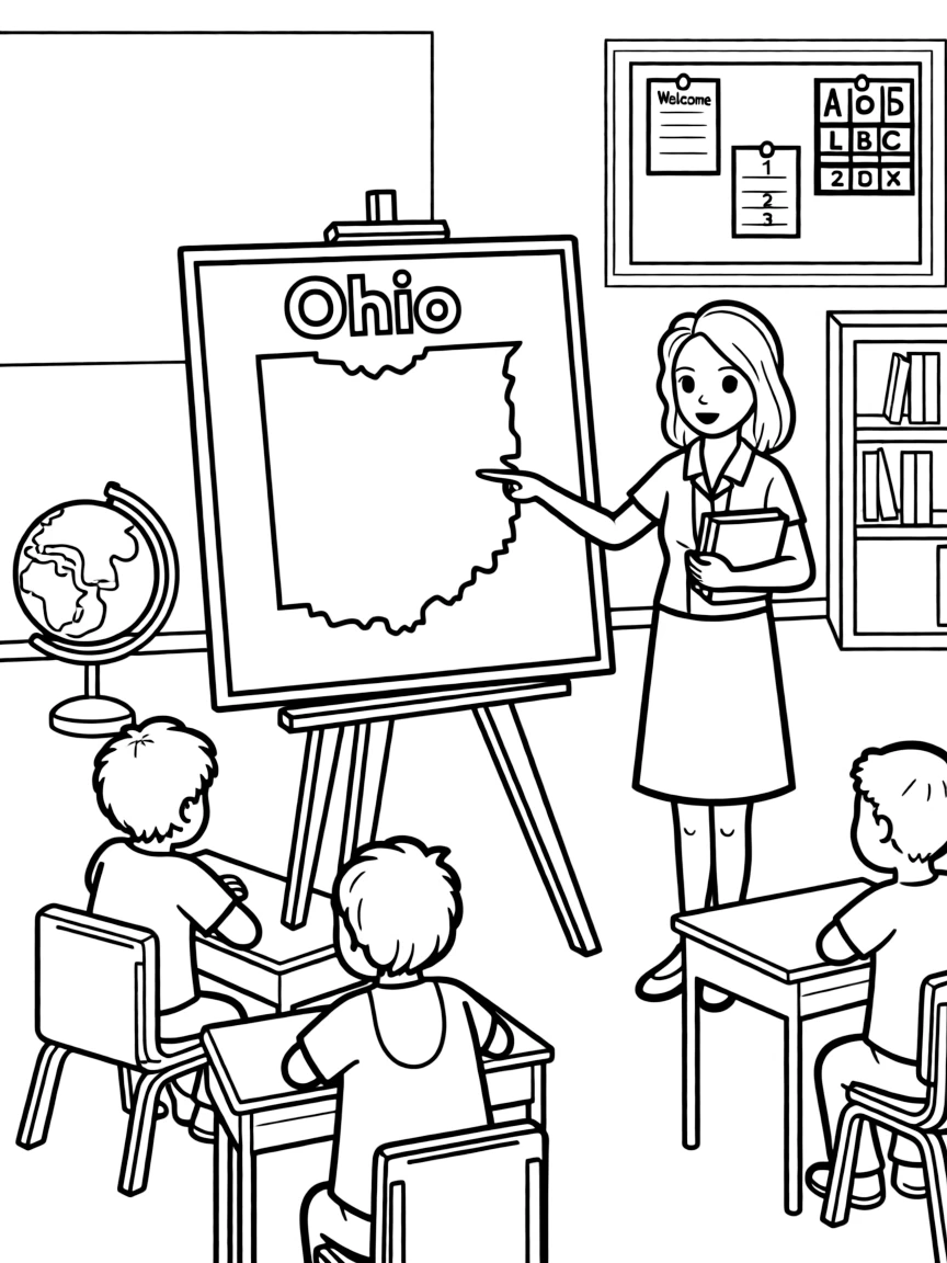 (Ohio) A classroom scene with a map of Ohio
