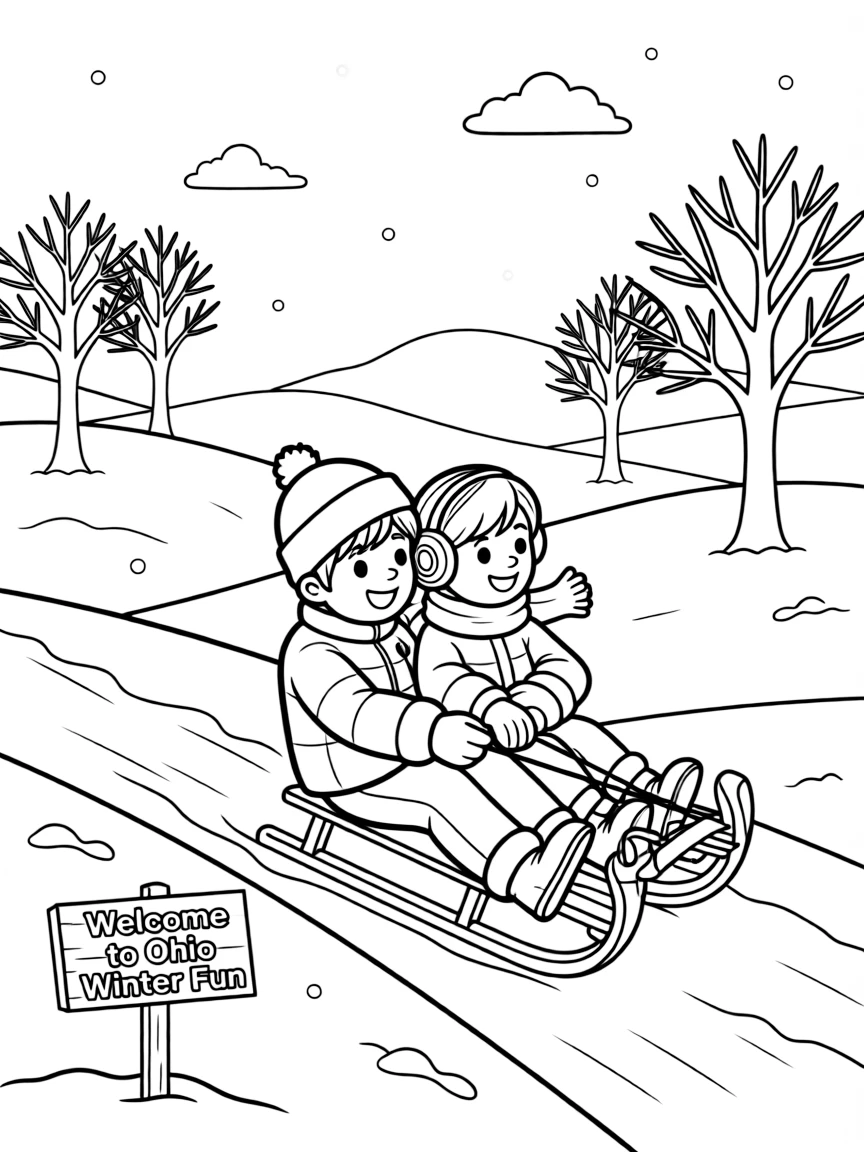 (Ohio) A snowy winter scene with kids sledding in Ohio