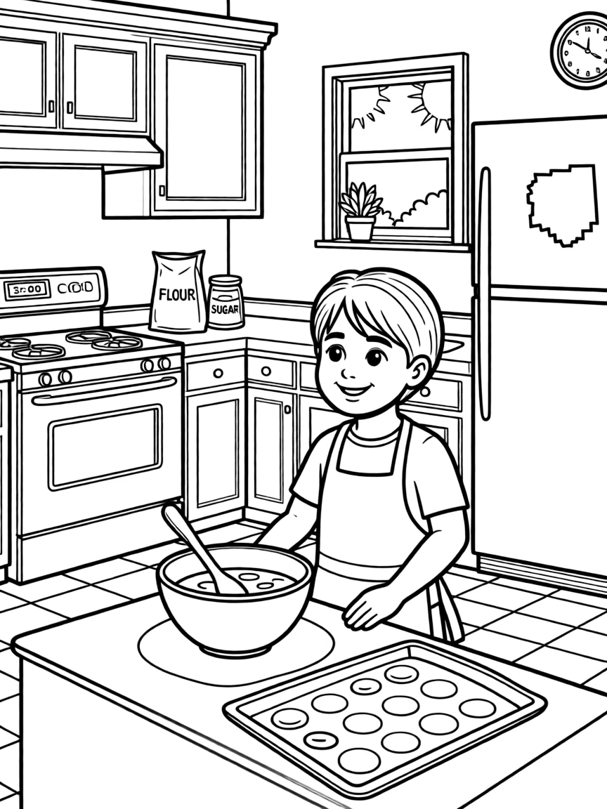 (Ohio) A child baking cookies in an Ohio kitchen