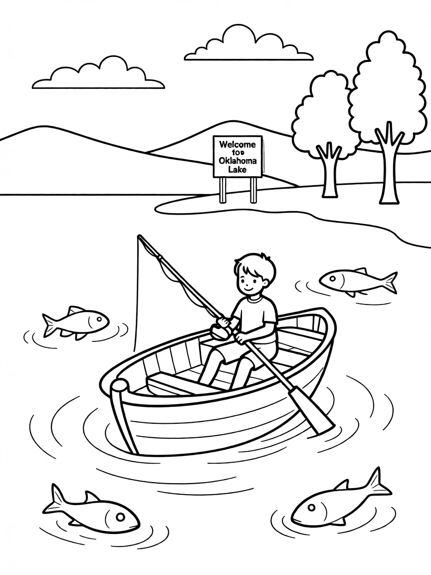 (Oklahoma) Lake scene with a small boat and fish