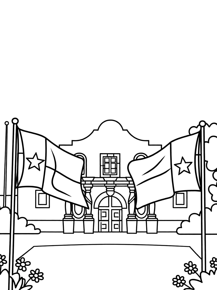 (Texas) The Alamo with waving Texas flags