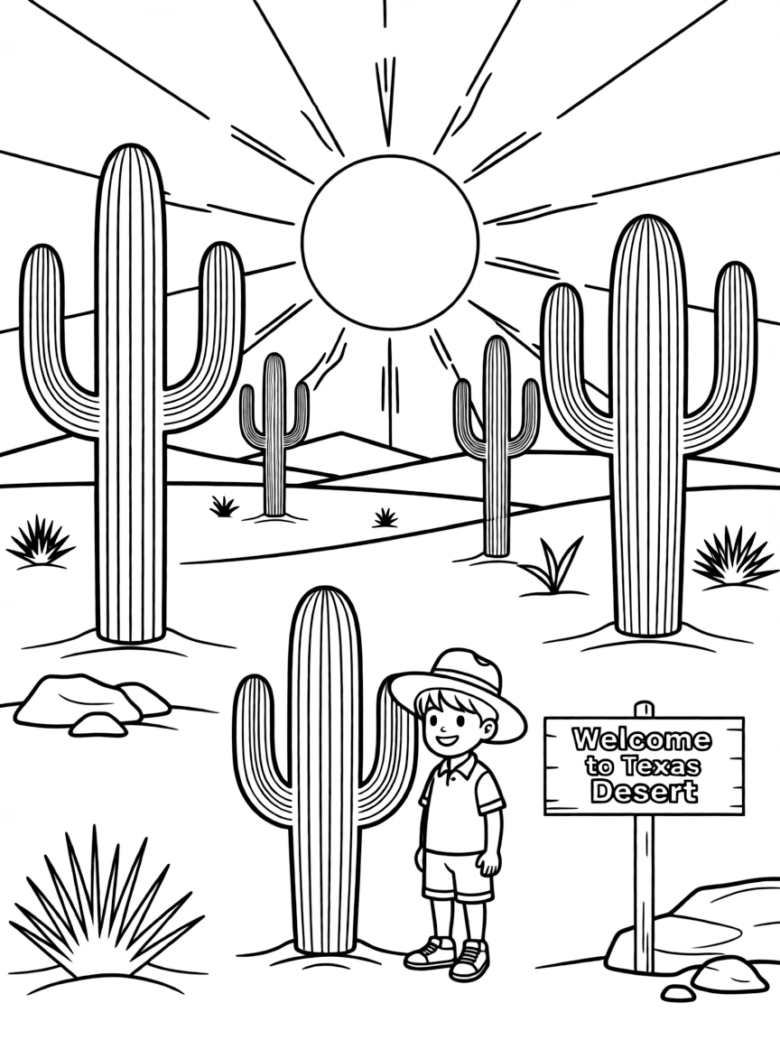 (Texas) A desert scene with cactus and sun