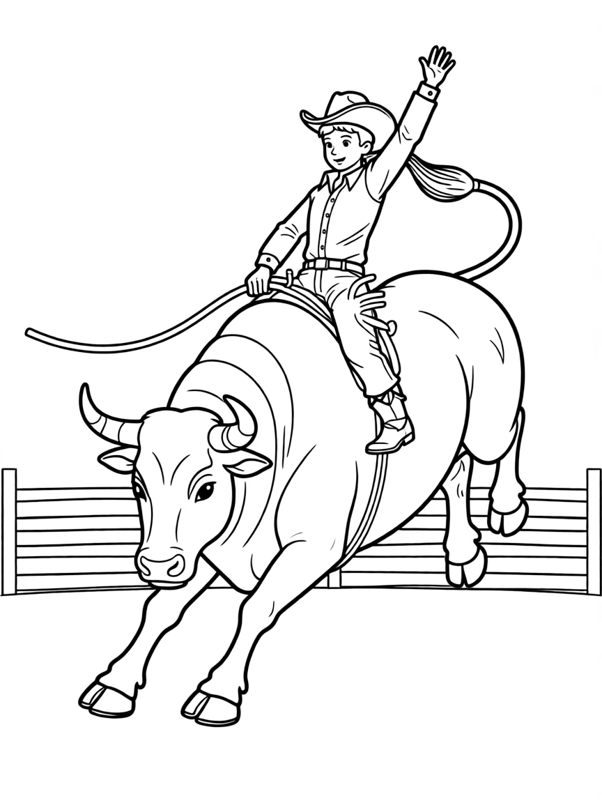 (Texas) A rodeo bull and rider mid-jump