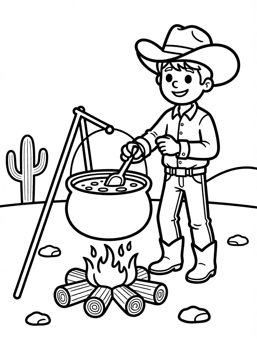 (Texas) A cowboy cooking chili over a fire