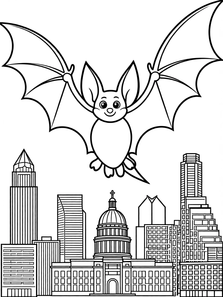 (Texas) A bat flying over Austin skyline
