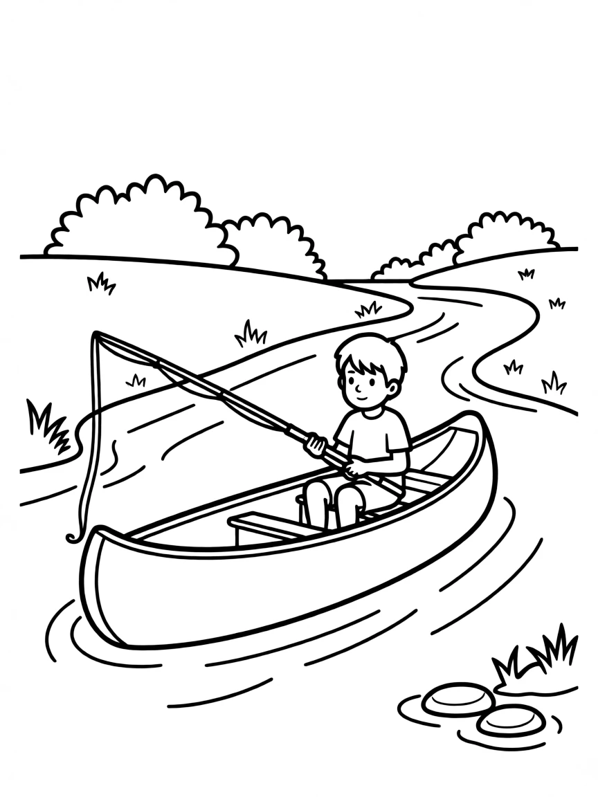 (Texas) A river with a fishing boy and canoe