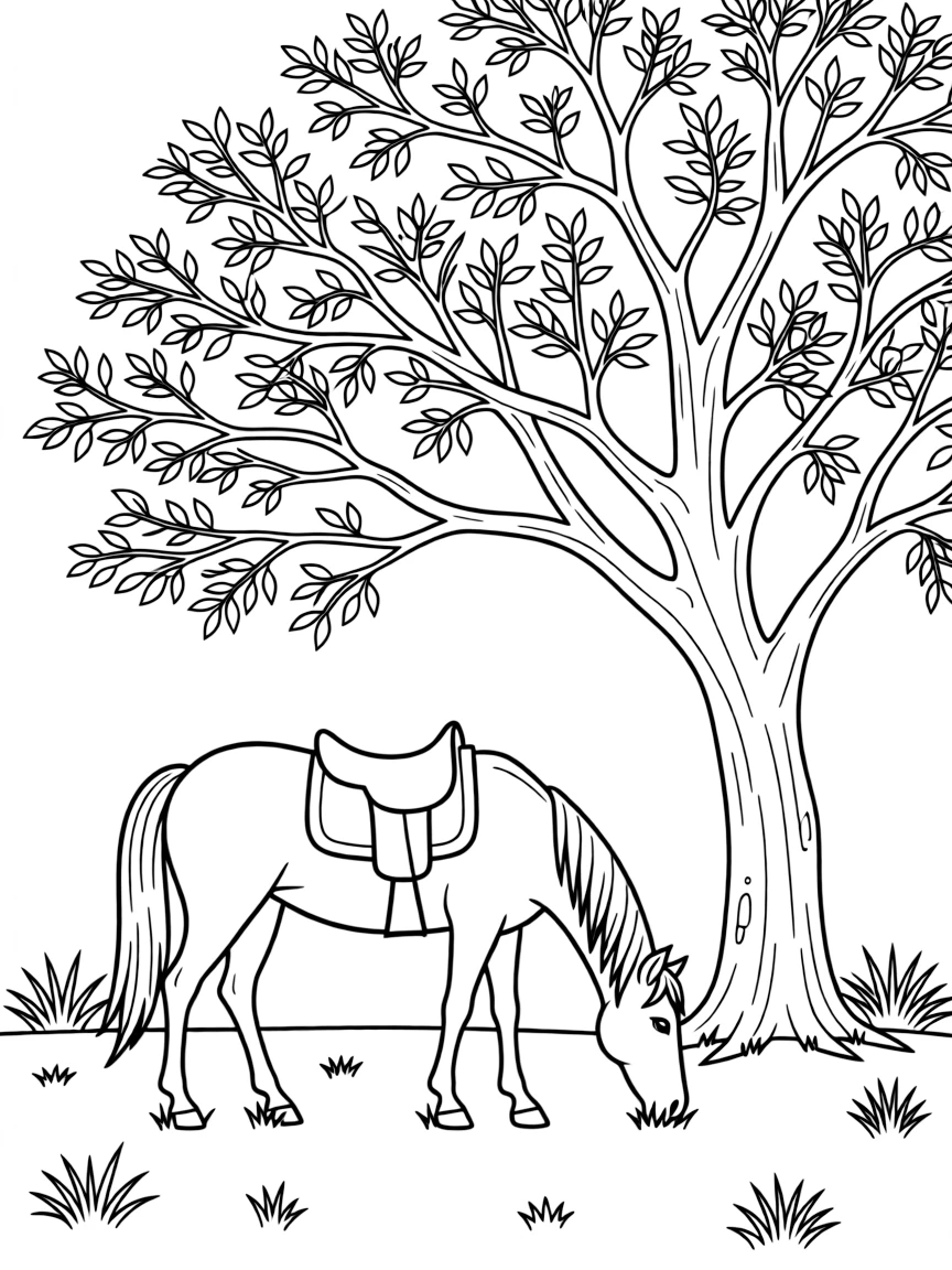 (Texas) A horse grazing under a mesquite tree