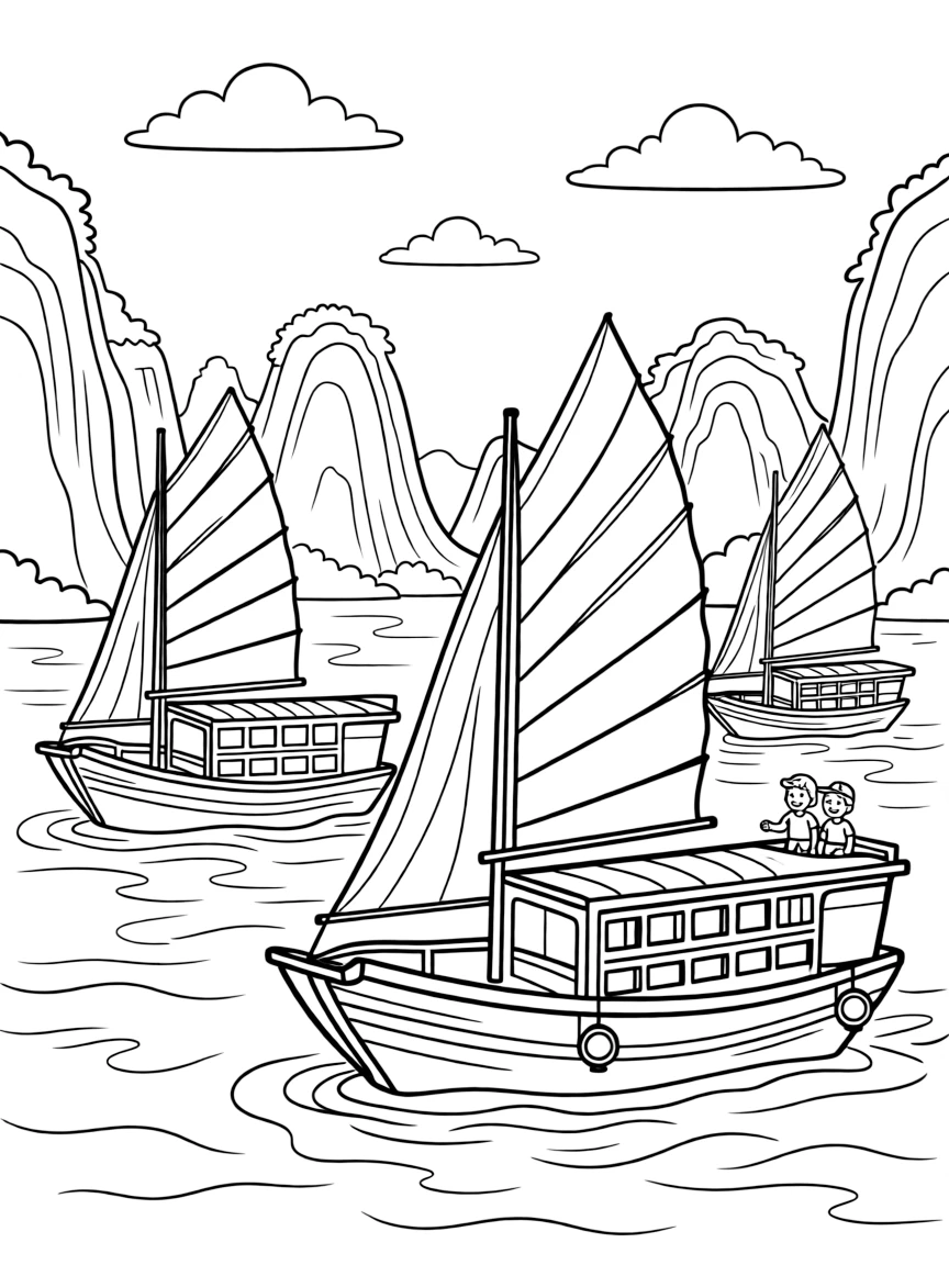 (Vietnam) Boats sailing among the tall limestone islands of Ha Long Bay.