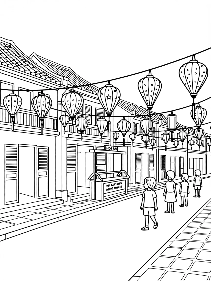 (Vietnam) The old town of Hội An at night with many colorful lanterns hanging across the streets.