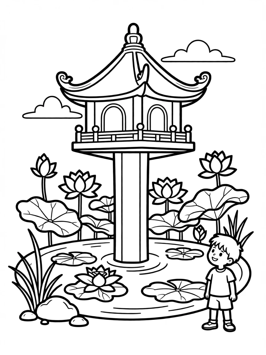 (Vietnam) The One Pillar Pagoda in Hanoi standing on a single pillar above a lotus pond.