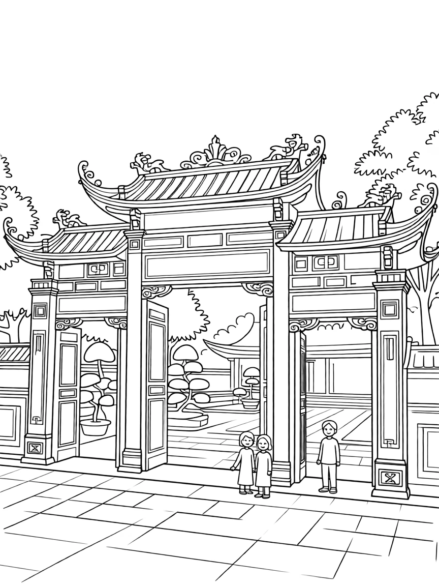 (Vietnam) The Temple of Literature in Hanoi with its red gates and peaceful courtyards.