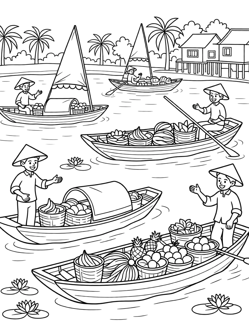 (Vietnam) A busy floating market in the Mekong Delta with boats selling fruits and vegetables.