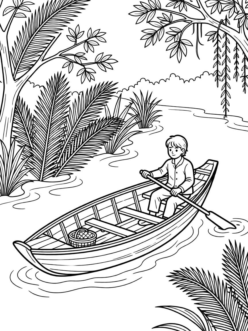 (Vietnam) A small wooden sampan boat rowing through the lush green canals of the Mekong Delta.