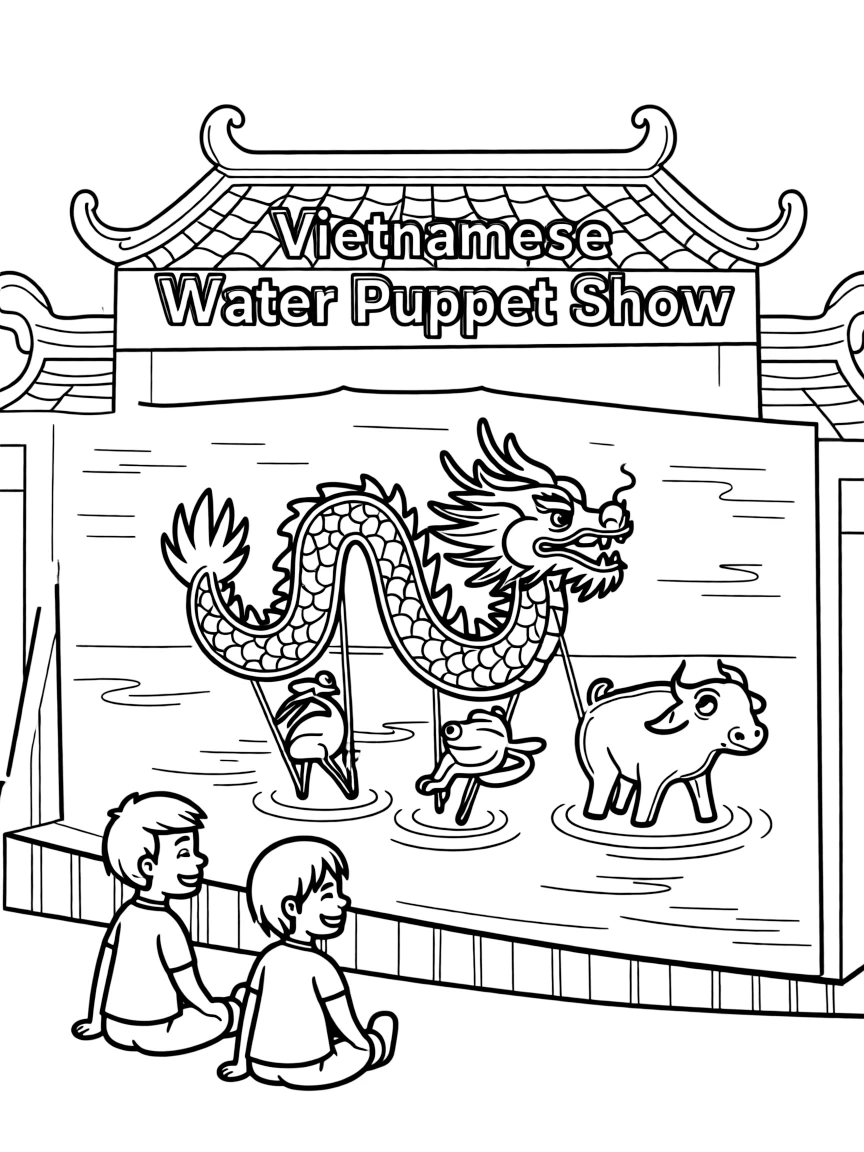 (Vietnam) A traditional water puppet show with colorful dragon and animal puppets on a water stage.