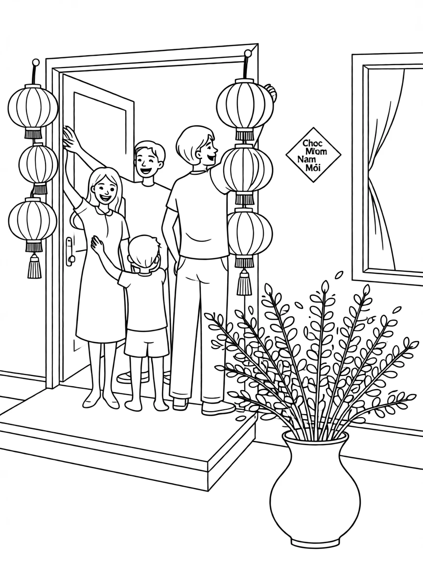 (Vietnam) A family decorating their home with peach blossoms and red lanterns for Tết (New Year).