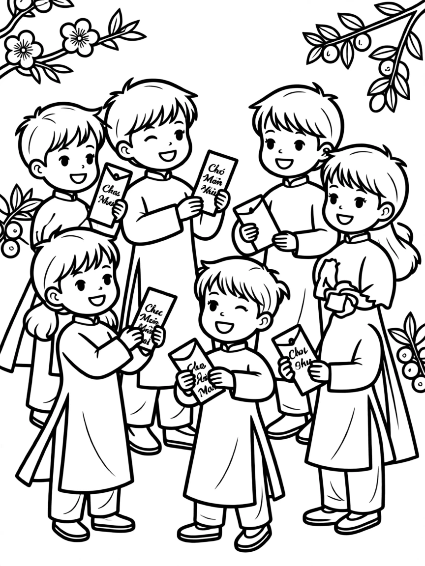 (Vietnam) Children in bright traditional outfits receiving lucky red envelopes during Tết.