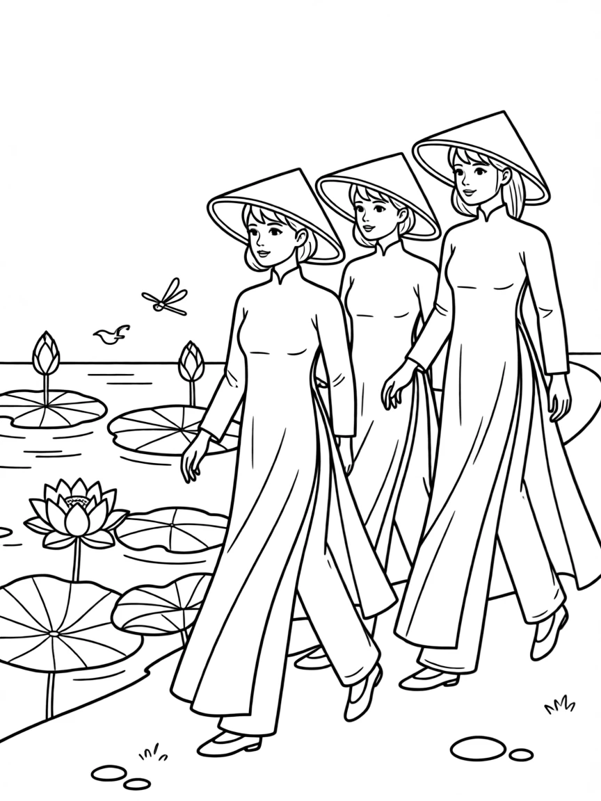 (Vietnam) Women wearing long, elegant áo dài dresses and conical hats walking by a lotus pond.