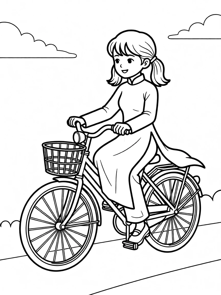 (Vietnam) A Vietnamese schoolgirl in a white áo dài uniform riding her bicycle to school.