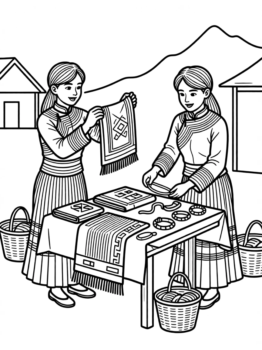(Vietnam) Hill tribe women in colorful clothing selling handmade fabrics and crafts at a village market.