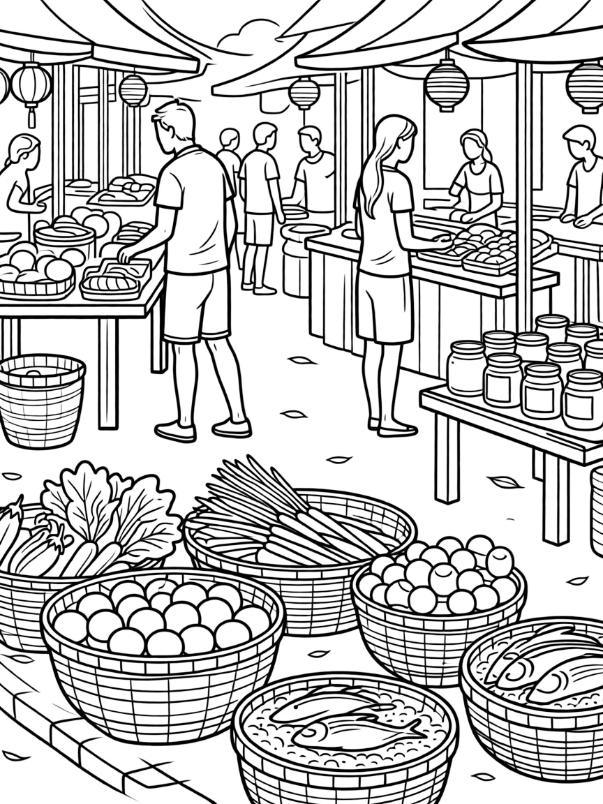 (Vietnam) A crowded open-air market with baskets of vegetables, fresh fish, and spices on display.