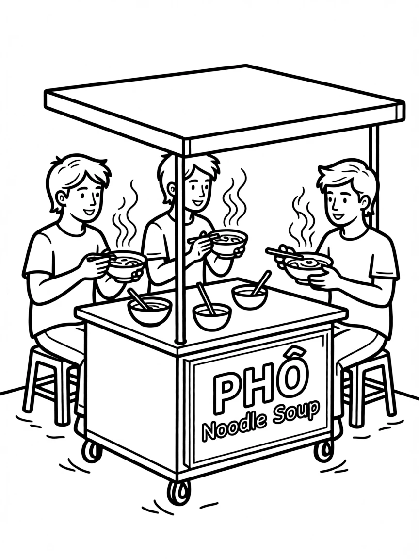 (Vietnam) People sitting on small stools enjoying hot bowls of phở noodle soup at a street stall.