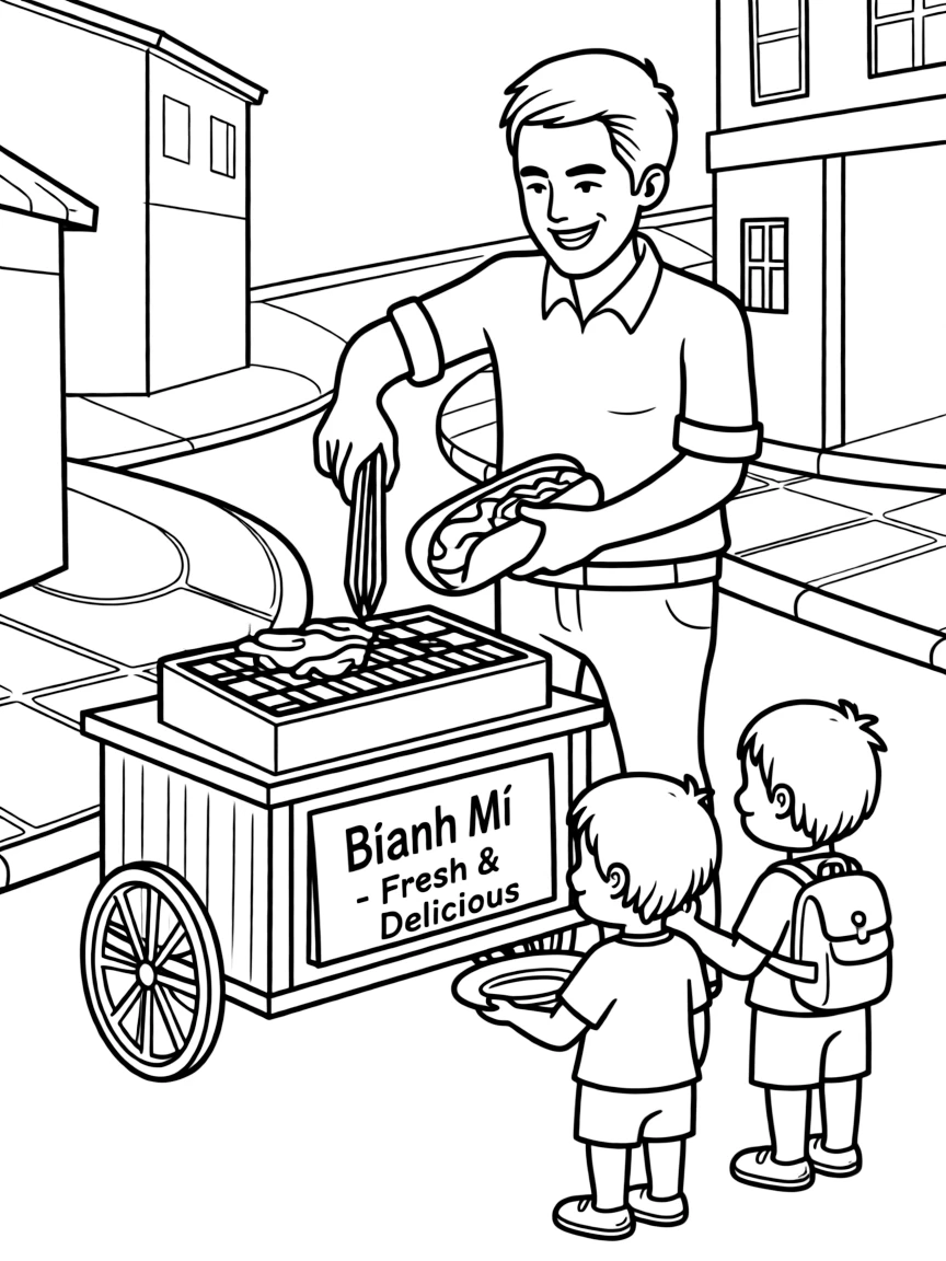 (Vietnam) A street vendor grilling meat and filling bánh mì sandwiches for hungry customers.