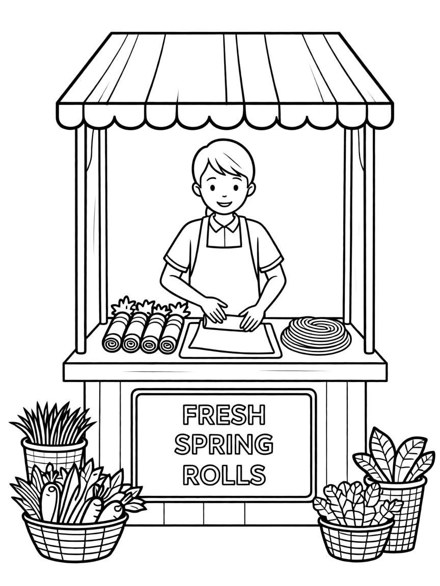 (Vietnam) A cook rolling fresh spring rolls with rice paper, shrimp, and herbs at a market stand.