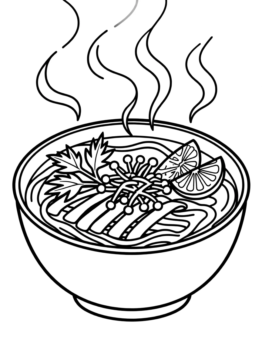 (Vietnam) A steaming bowl of phở soup topped with green herbs, bean sprouts, and lime wedges.