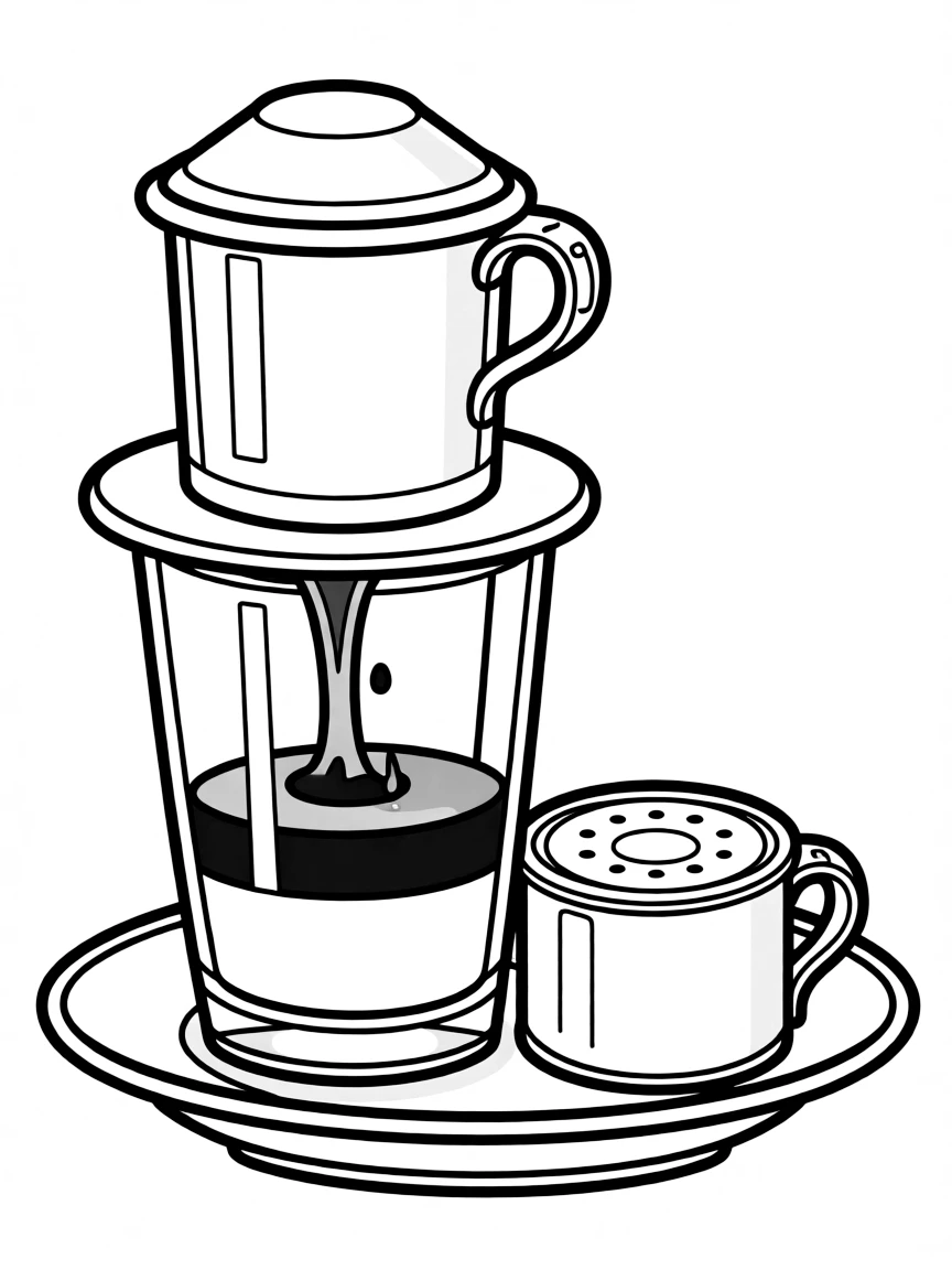 (Vietnam) A Vietnamese coffee filter dripping strong coffee into a glass with sweet milk at the bottom.
