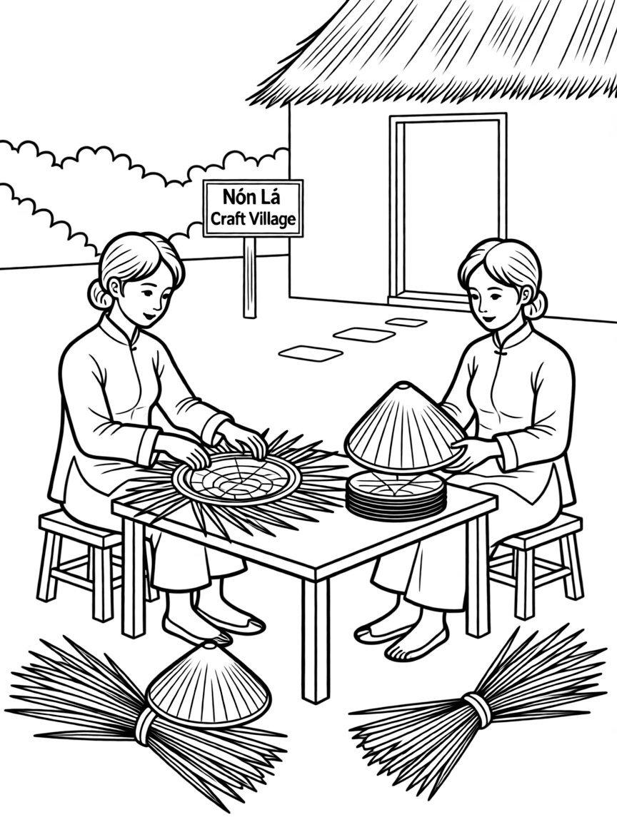 (Vietnam) Women in a rural village weaving conical hats (nón lá) from palm leaves.