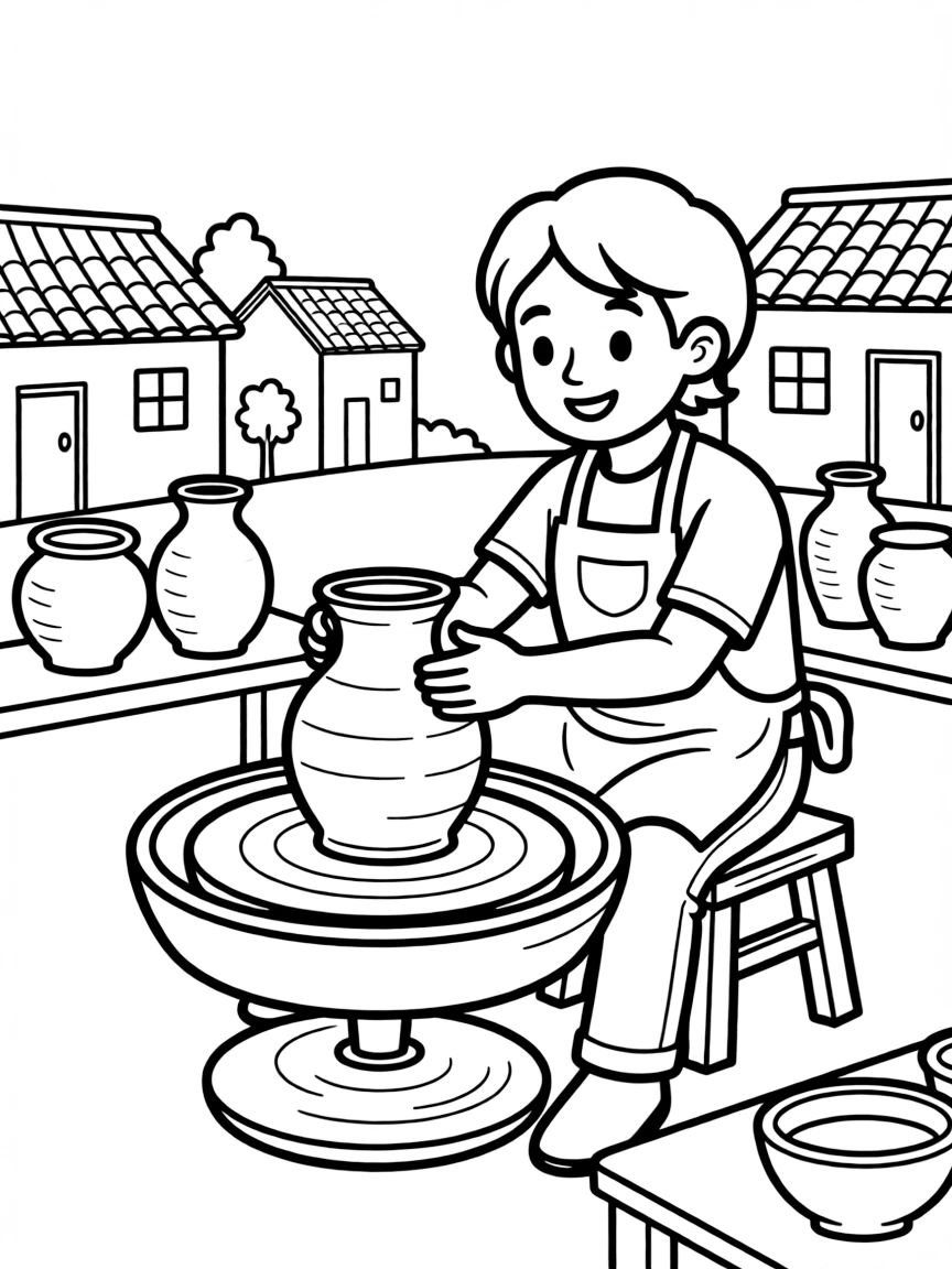 (Vietnam) A potter shaping clay on a spinning wheel to make a vase in a pottery village.