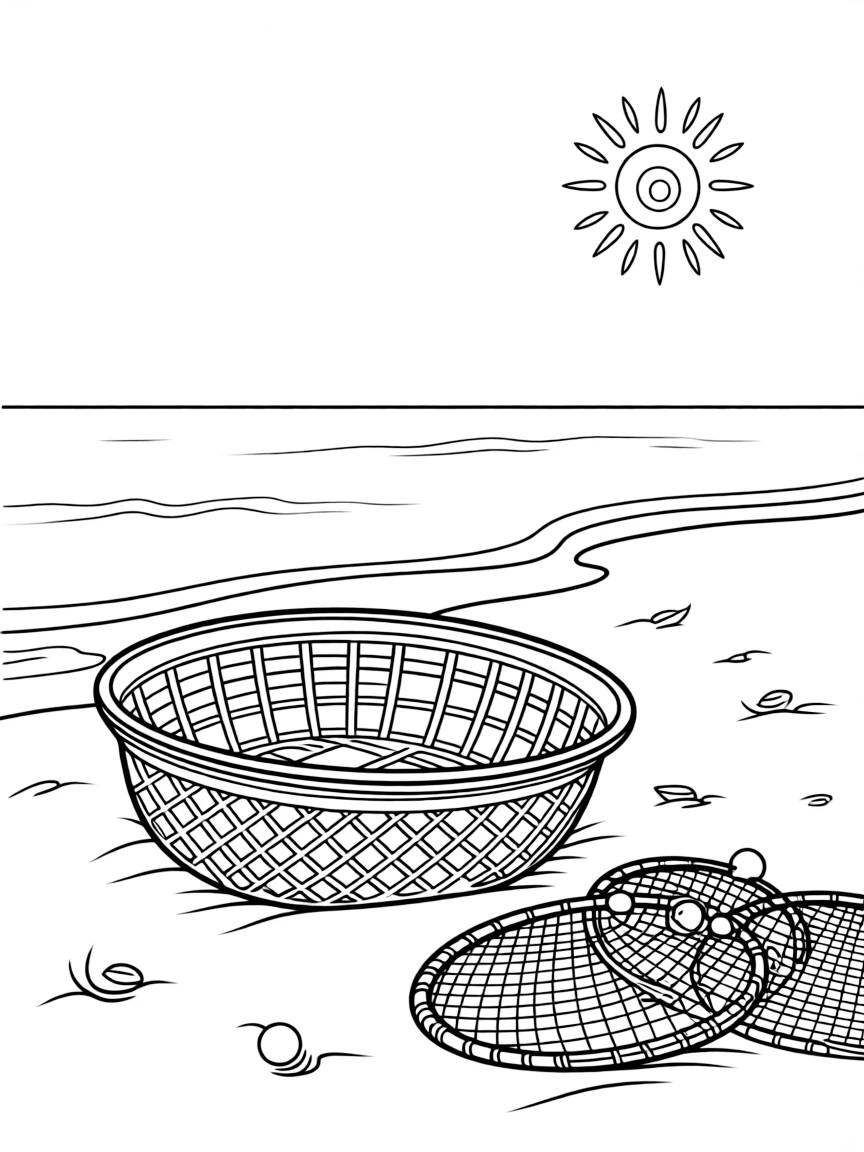 (Vietnam) A sunny beach with a round bamboo basket boat and fishing nets lying on the sand.