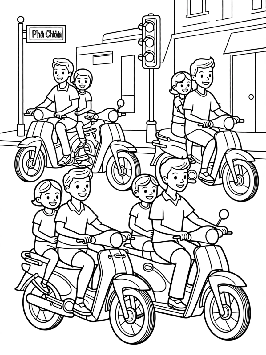(Vietnam) A busy city street filled with families riding on motorcycles and scooters.