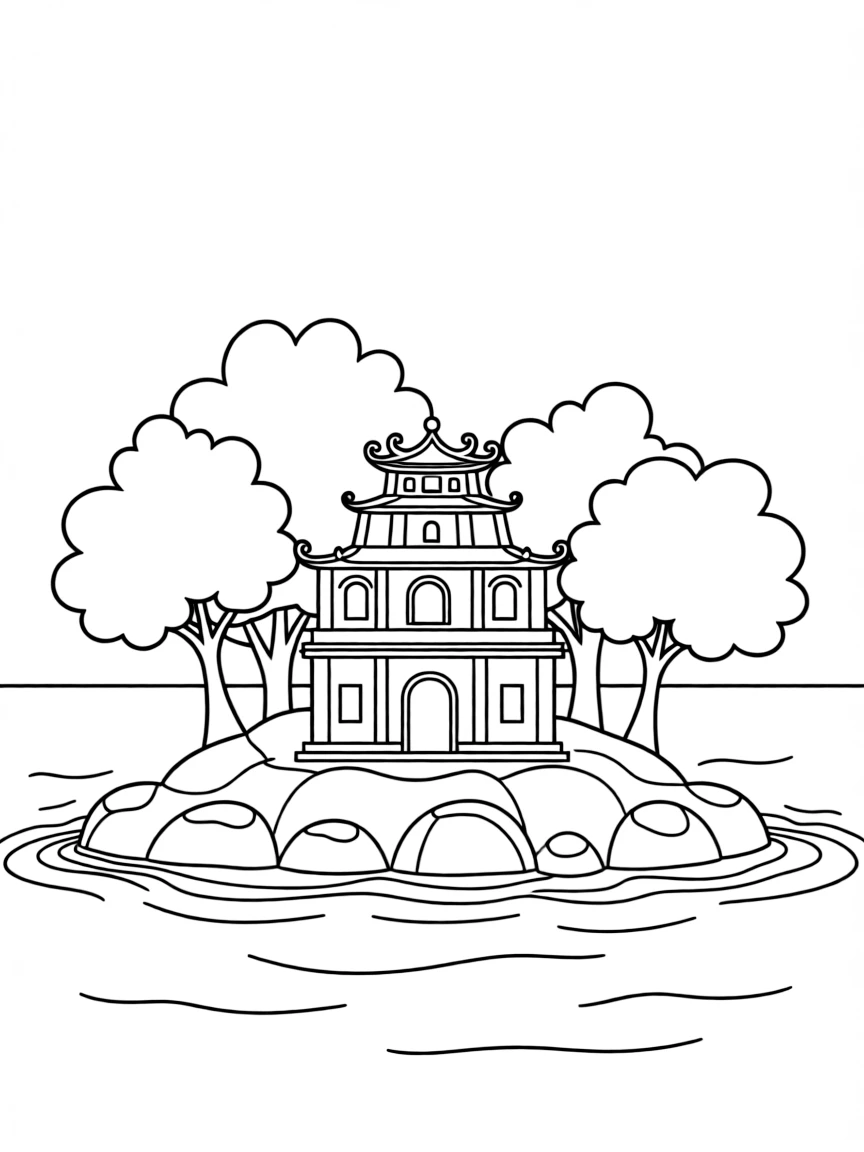 (Vietnam) The small Turtle Tower on an island in Hanoi’s Hoàn Kiếm Lake surrounded by water and trees.