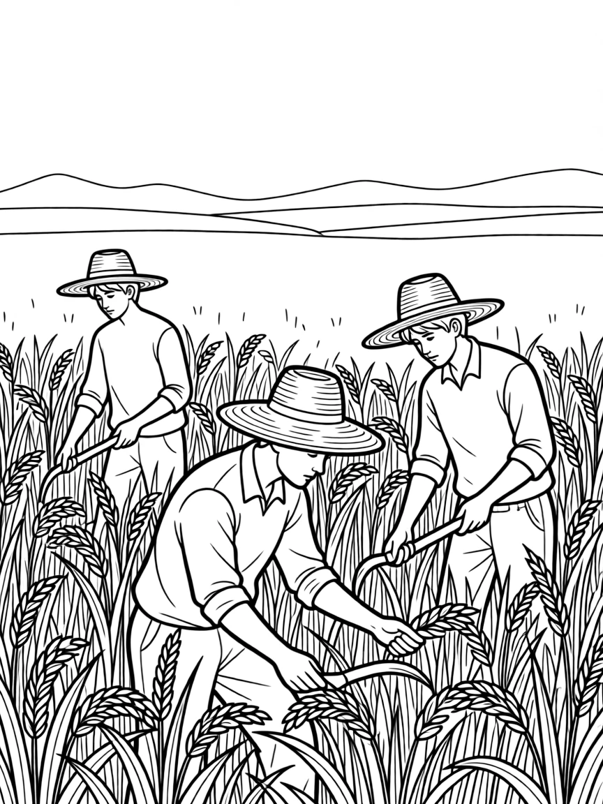(Vietnam) Farmers harvesting ripe golden rice with sickles in a field at harvest time.