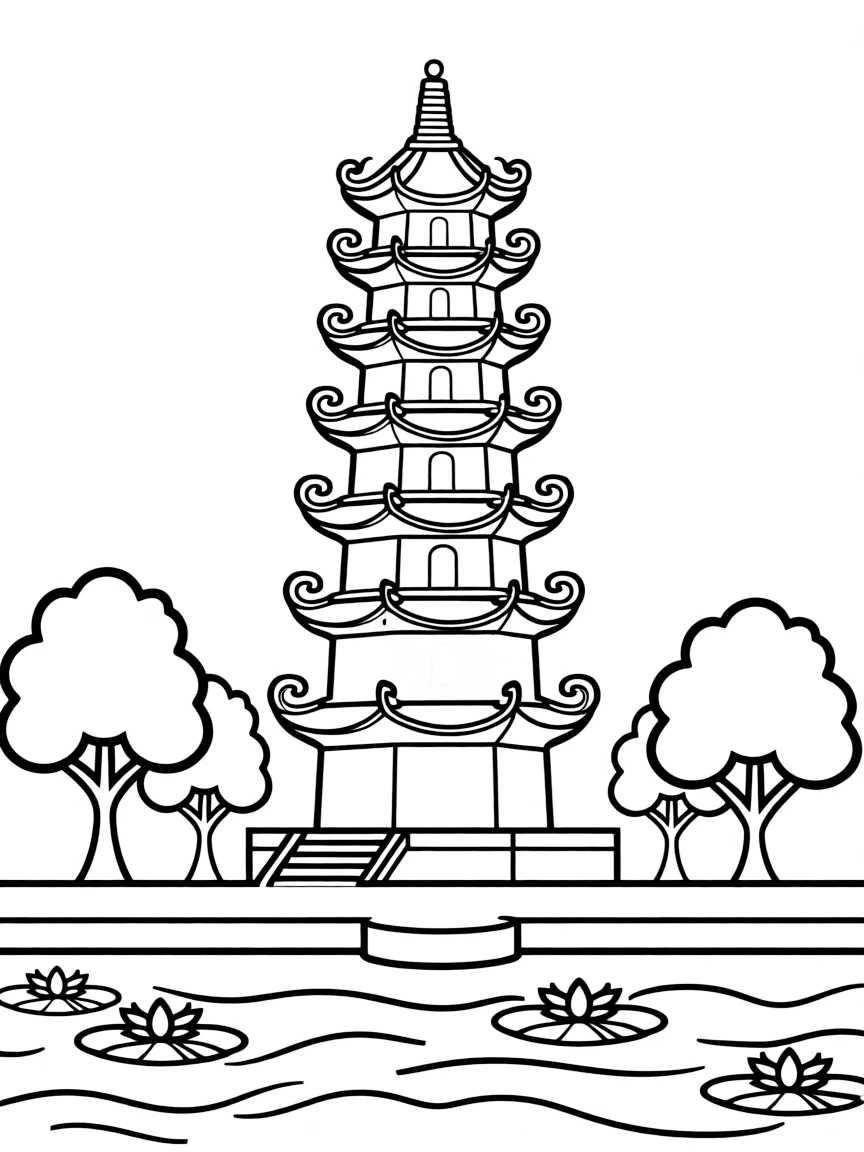 (Vietnam) The tall Thiên Mụ Pagoda by the Perfume River in Huế with its many-tiered tower.