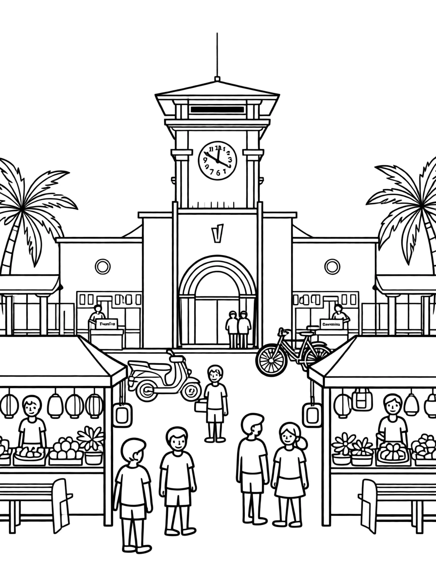 (Vietnam) The famous Bến Thành Market in Ho Chi Minh City with its clock tower and bustling stalls.