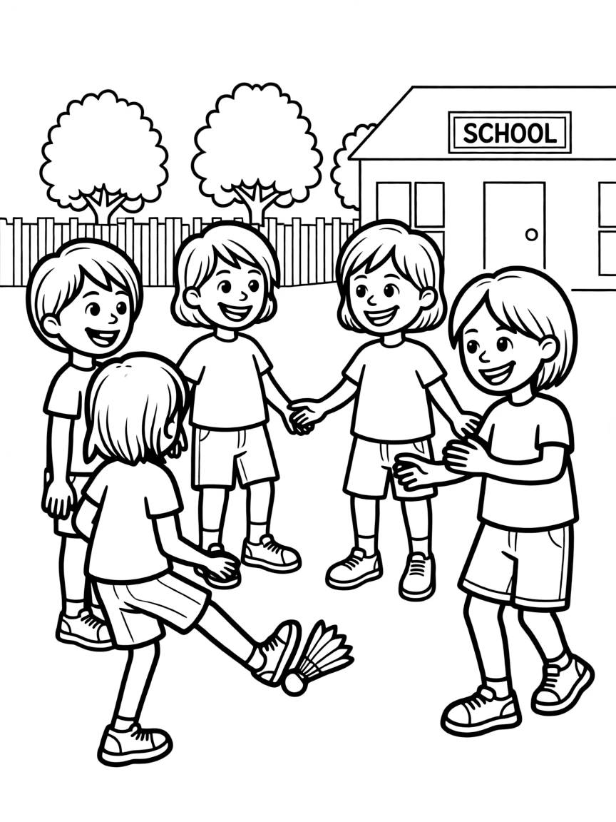 (Vietnam) Children playing đá cầu (a shuttlecock kicking game) together in a schoolyard.